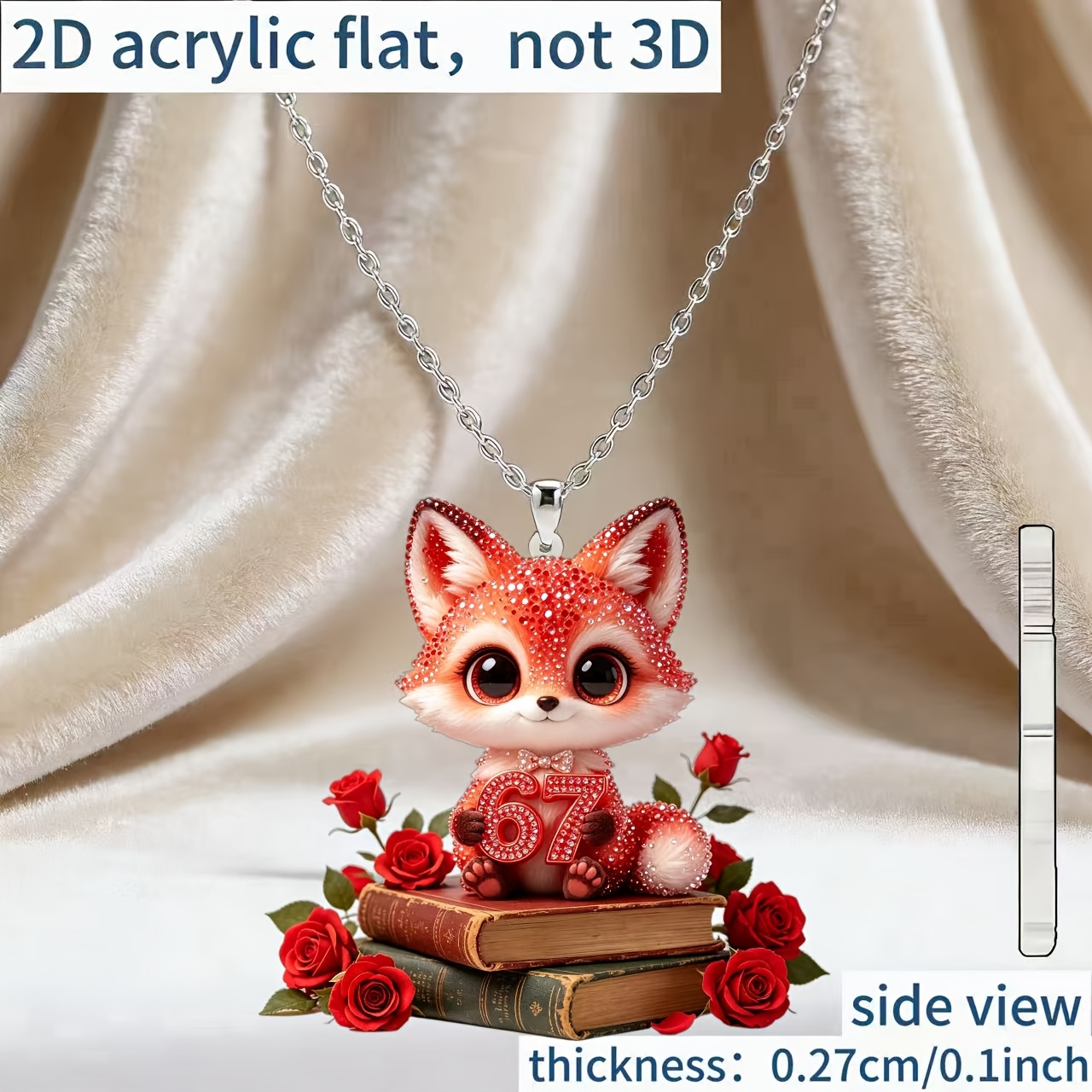 2D Acrylic Red Rose Fox Pendant Necklace, Gift Idea